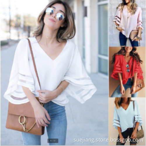 Women's V-Neck Mesh Panel Blouse